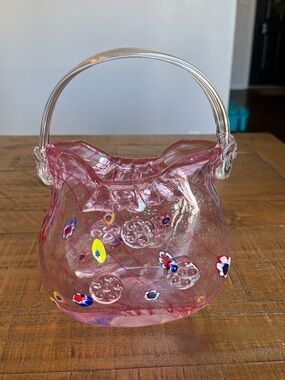 Vintage Handblown Pretty in Pink Glass Purse; Murano Style with Millefiori